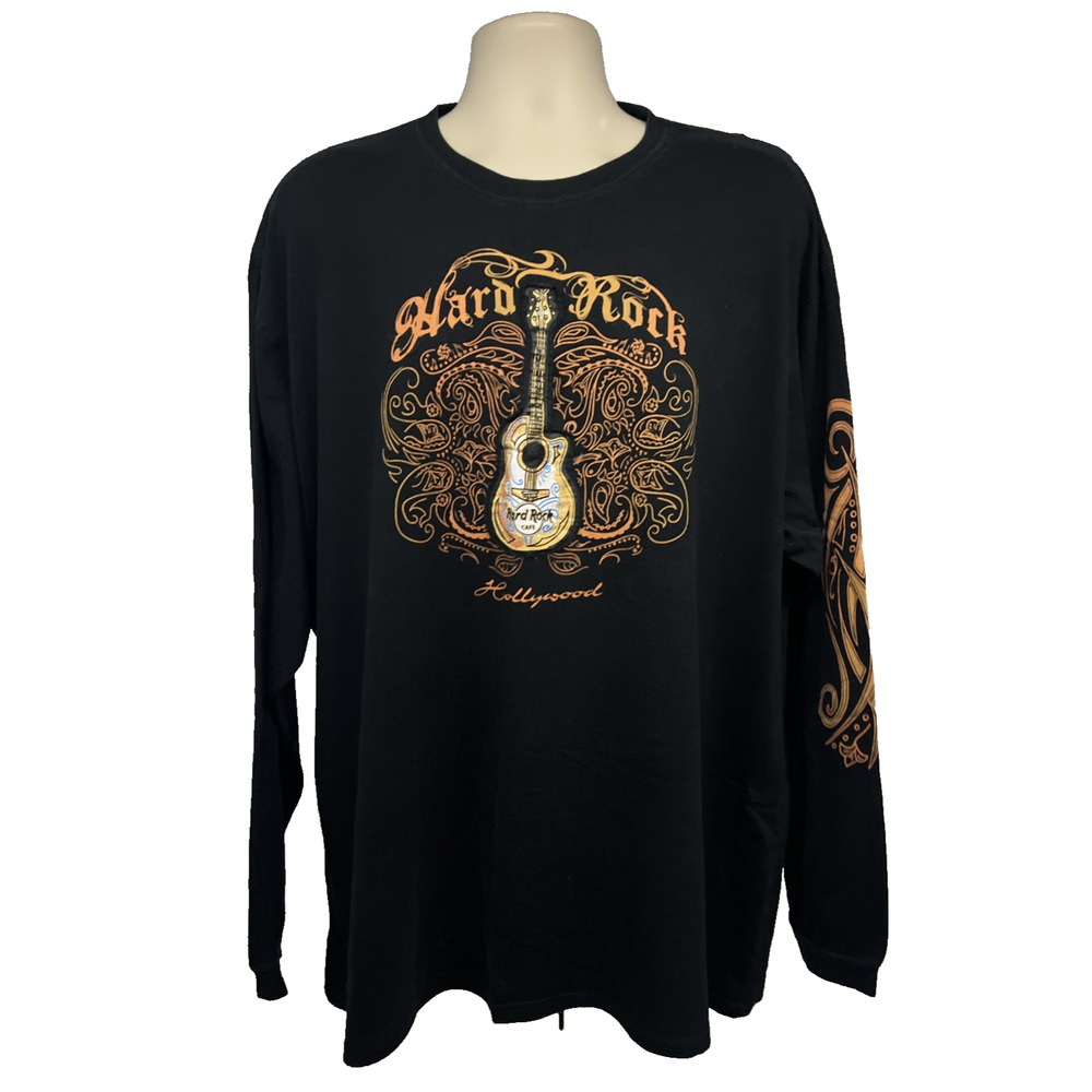 Hard Rock Cafe Hollywood Mens Black Paisley Graphic Guitar T-Shirt 2XL Stretch